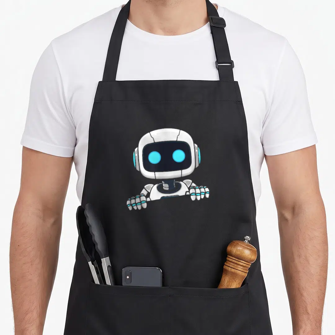 Robot face apron - Cartoon robot with blue eyes peeking over a thin line, white and black design — shown on a black cotton canvas apron against a white background