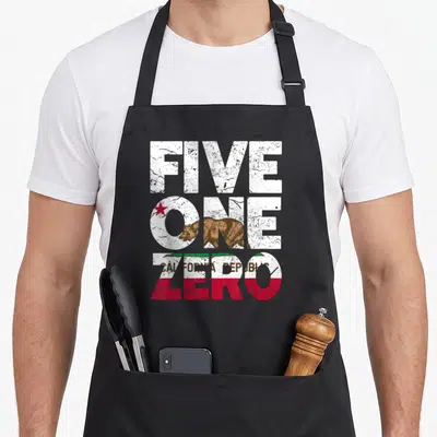 Republic charlottesville apron - Stacked FIVE ONE ZERO text with California flag bear and red star in distressed white — shown on a black cotton canvas apron against a white background