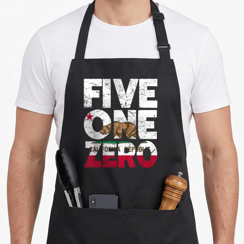 Republic charlottesville apron - Stacked FIVE ONE ZERO text with California flag bear and red star in distressed white — shown on a black cotton canvas apron against a white background