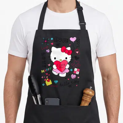 Note valentine apron - Hello Kitty holding red heart with LOVE and XOXO doodles in pink and yellow — shown on a black cotton canvas apron against a white background