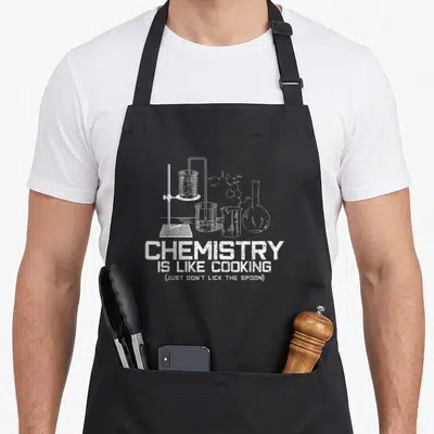 Chemist nerd chemistry apron - White line art of beakers and formula above text CHEMISTRY IS LIKE COOKING JUST DON'T — shown on a black cotton canvas apron against a white background