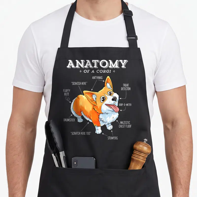 Funny corgi anatomy apron - Corgi diagram with labels antennas drumstick fluffy butt and majestic chest floof on grey — shown on a black cotton canvas apron against a white background