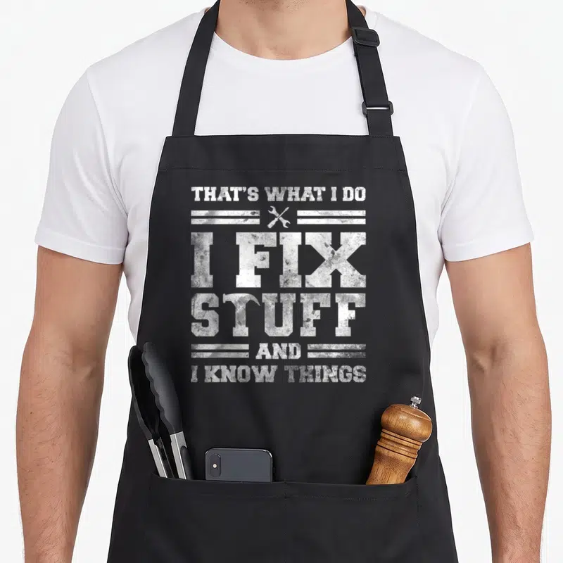 Fix novelty apron - White stacked text reading THAT'S WHAT I DO I FIX STUFF AND I KNOW THINGS with crossed wrenches — shown on a black cotton canvas apron against a white background