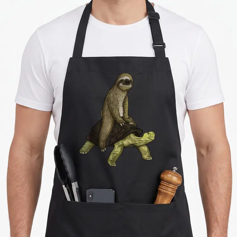 Tortoise sloth apron - Realistic brown sloth sitting on a green walking turtle — shown on a black cotton canvas apron against a white background