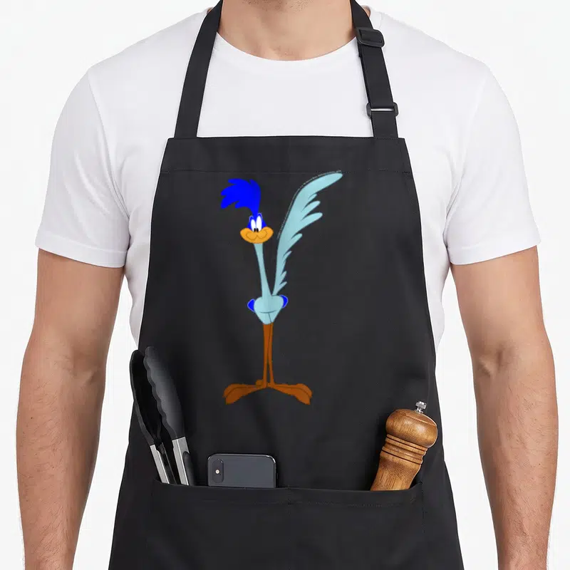 Runner road apron - Blue cartoon bird with orange beak and feet standing upright on black fabric — shown on a black cotton canvas apron against a white background