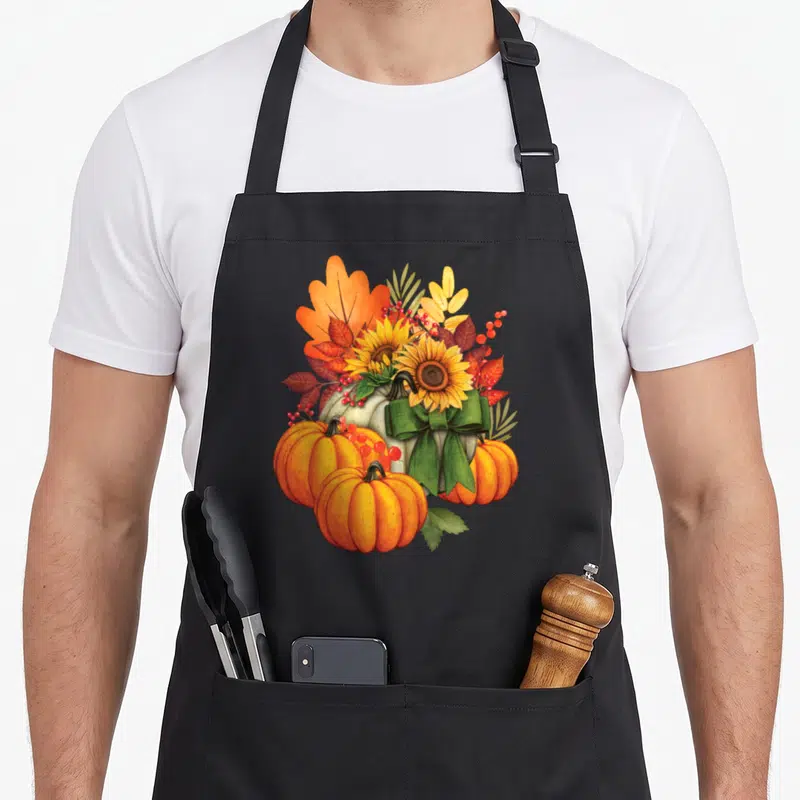 Sunflower fall aprons - Watercolor pumpkins sunflowers and autumn leaves with green ribbon bow — shown on a black cotton canvas apron against a white background