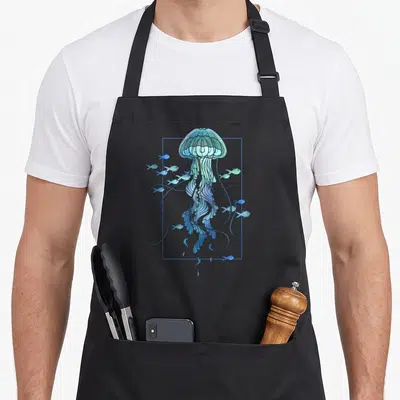 Sea fish apron - Blue and teal jellyfish line art with small fish inside a thin rectangular frame — shown on a black cotton canvas apron against a white background