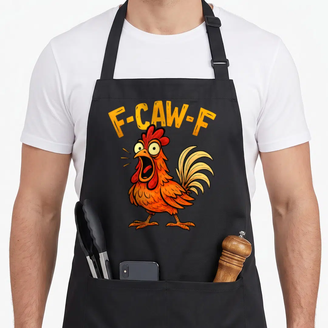 Fcawf rooster apron - Arched F-CAW-F text over a screaming orange cartoon chicken with red comb — shown on a black cotton canvas apron against a white background