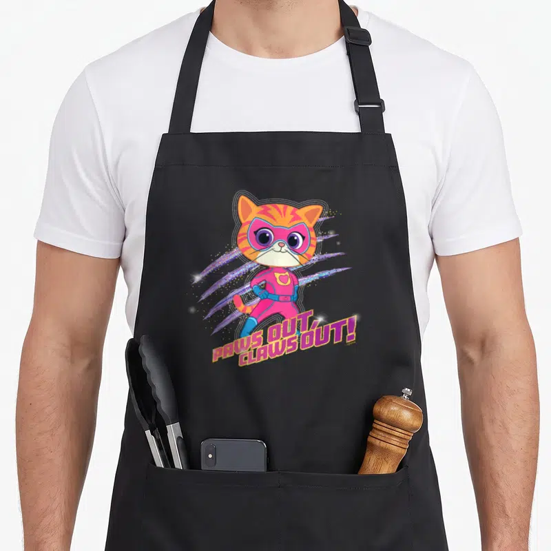 Ginny junior apron - Cartoon cat in pink suit with PAWS OUT CLAWS OUT text and colorful streaks — shown on a black cotton canvas apron against a white background