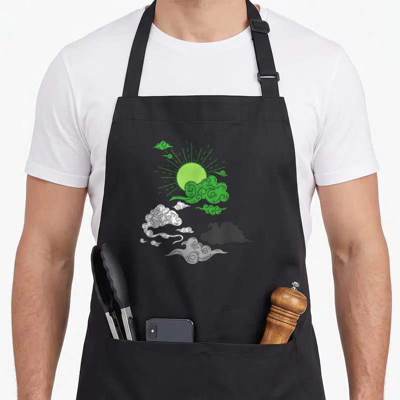 Aromantic pride apron - Cartoon green sun with green white and grey stylized clouds — shown on a black cotton canvas apron against a white background