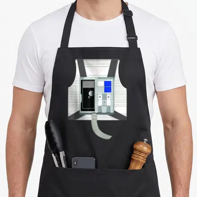 Rebel halloween apron - Minimalist grey and blue life support machine on striped background — shown on a black cotton canvas apron against a white background