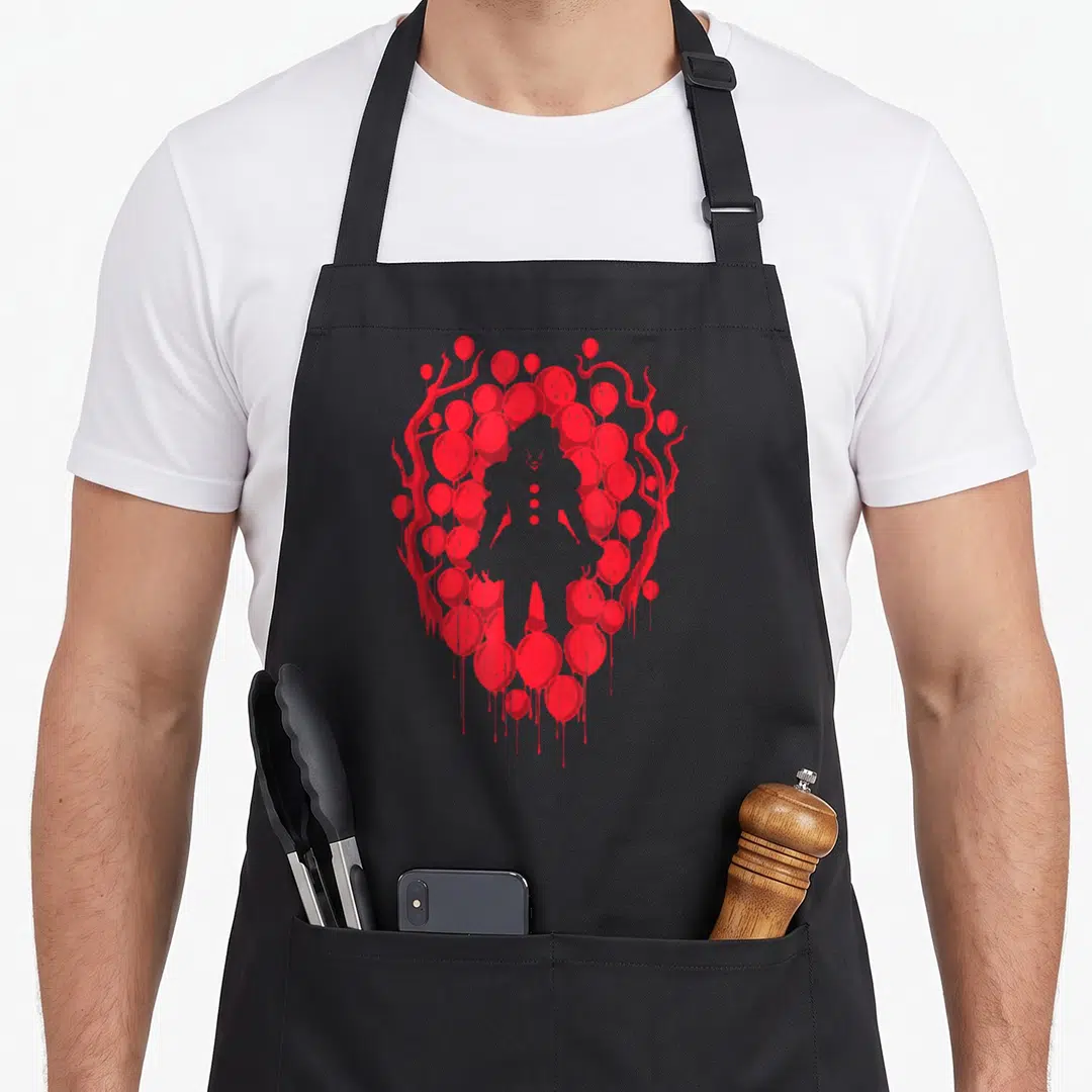Mirage balloon apron - Grey clown silhouette surrounded by red balloons and vertical paint drips in minimalist style — shown on a black cotton canvas apron against a white background