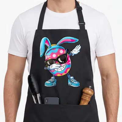 Dabbing easter egg apron - Cartoon Easter egg with bunny ears and sunglasses dabbing in pink and blue — shown on a black cotton canvas apron against a white background