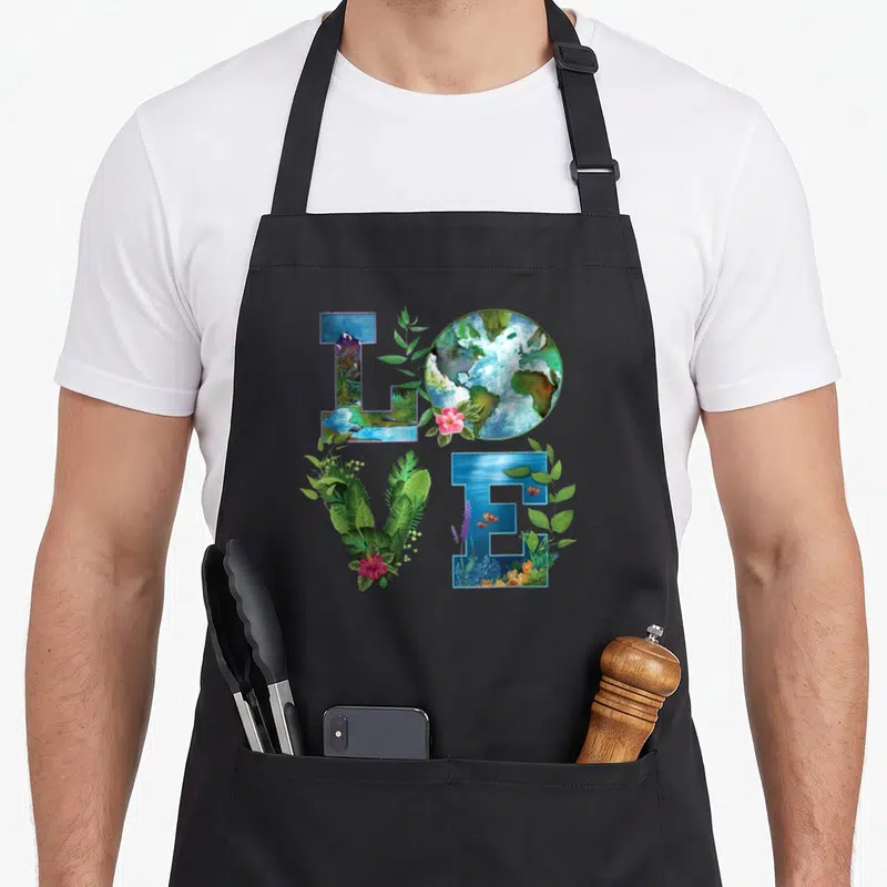 Planet everyday apron - LOVE text with mountains earth leaves and underwater fish in watercolor — shown on a black cotton canvas apron against a white background