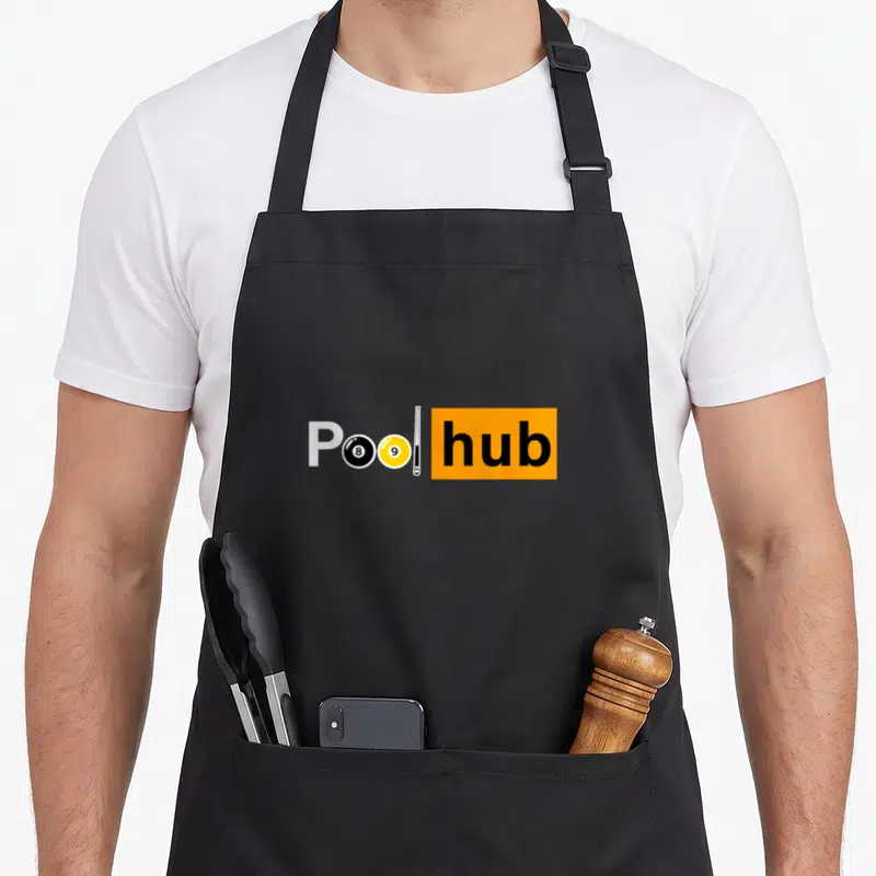 Billiard game aprons - Pool hub text with 8 and 9 balls replacing o's and vertical cue stick in orange box — shown on a black cotton canvas apron against a white background