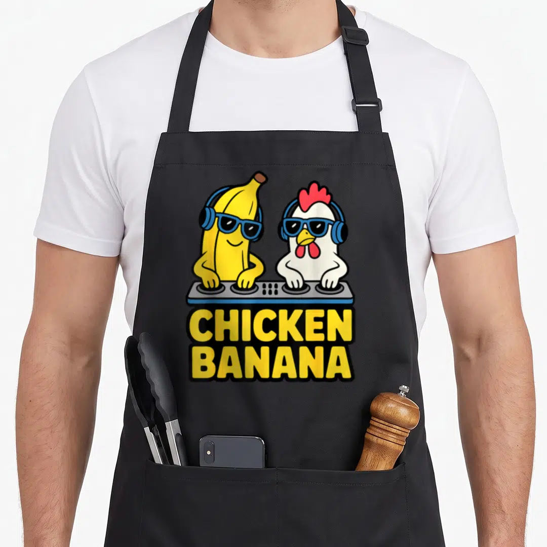Chicken banana apron - Cartoon yellow banana and white chicken wearing blue sunglasses behind a grey DJ controller — shown on a black cotton canvas apron against a white background