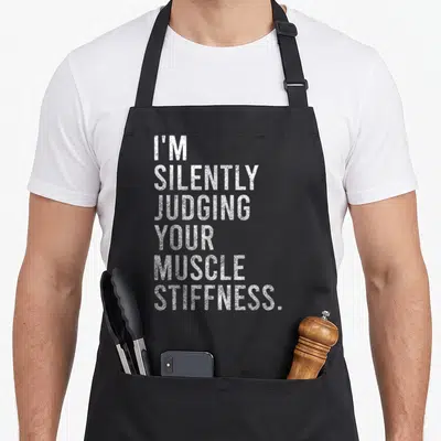 Silently massage therapist apron - White stacked text reading I'M SILENTLY JUDGING YOUR MUSCLE STIFFNESS on a dark — shown on a black cotton canvas apron against a white background