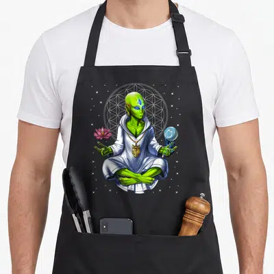 Zen meditation apron - Green alien in white robe holding pink lotus and blue planet with white mandala — shown on a black cotton canvas apron against a white background