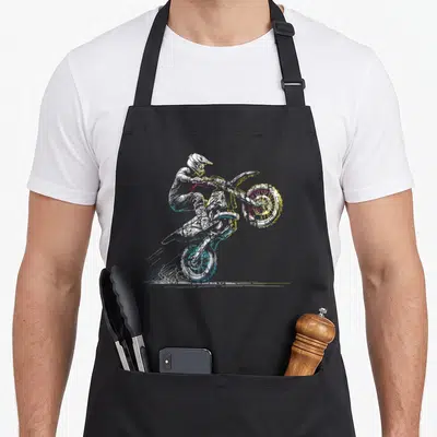 Rider motorcycle bike apron - Stylized motocross rider jumping on dirt bike with offset white yellow cyan magenta lines — shown on a black cotton canvas apron against a white background