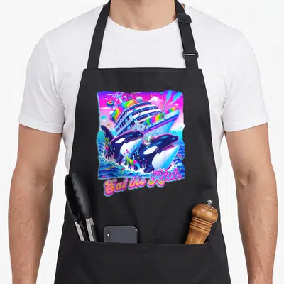 Eat animal apron - Two orcas leaping from blue water before a colorful cruise ship with Eat the Rich text — shown on a black cotton canvas apron against a white background