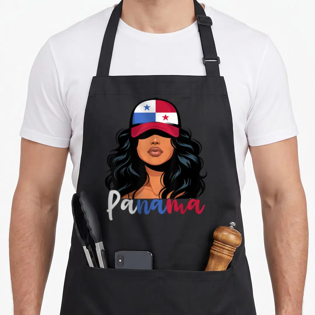 Proud panamanian girl apron - Cartoon woman in blue red white and black cap with Panama script text — shown on a black cotton canvas apron against a white background
