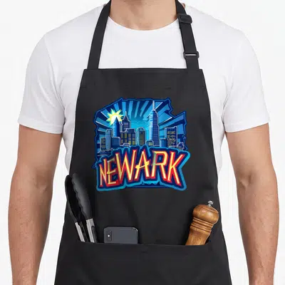 Newark pride apron - Cartoon Newark skyline with red yellow white text over blue buildings and starburst — shown on a black cotton canvas apron against a white background