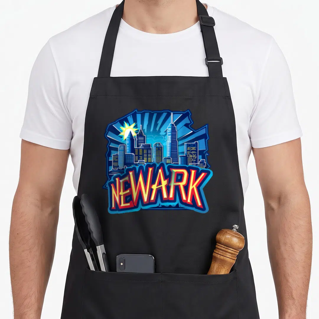 Newark pride apron - Cartoon Newark skyline with red yellow white text over blue buildings and starburst — shown on a black cotton canvas apron against a white background