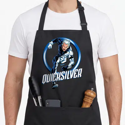 Quicksilver ring apron - Running character in blue and silver suit inside a ring with QUICKSILVER text overlay — shown on a black cotton canvas apron against a white background