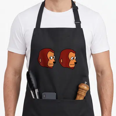 Monkey meme apron - Two identical cartoon monkey heads in profile with brown fur and tan faces side by side — shown on a black cotton canvas apron against a white background