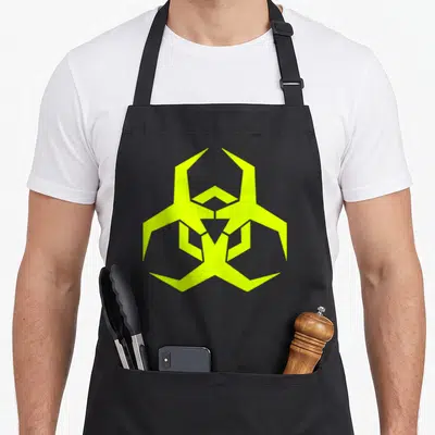 Toxic biohazard apron - Centered lime green biohazard symbol with sharp futuristic edges on grey background — shown on a black cotton canvas apron against a white background