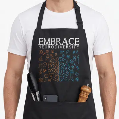 Neurodiversity adhd awareness apron - EMBRACE NEURODIVERSITY text above split orange and blue brain with scattered icons — shown on a black cotton canvas apron against a white background
