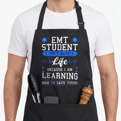 Emt student aprons - White and blue EMT STUDENT text with Star of Life symbols and heartbeat line on black apron — shown on a black cotton canvas apron against a white background