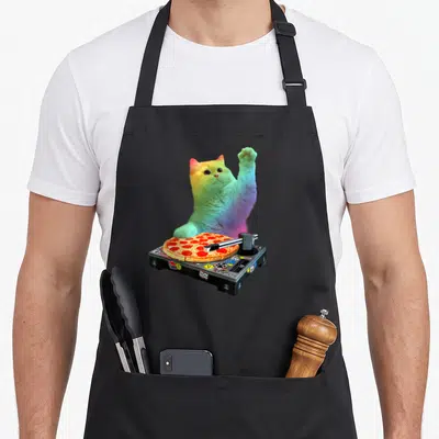 Edm pizza cat apron - Rainbow cat raising paw behind DJ turntable playing pepperoni pizza with stickers — shown on a black cotton canvas apron against a white background