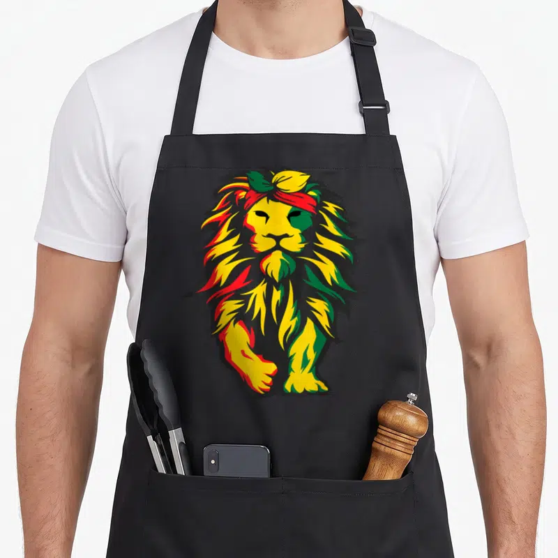 Lion african american aprons - Cartoon lion head in red yellow green and black wearing a headband — shown on a black cotton canvas apron against a white background