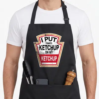 Tomato halloween apron - Shield sign graphic with stacked text I PUT TOMATO KETCHUP ON MY KETCHUP in distressed red — shown on a black cotton canvas apron against a white background