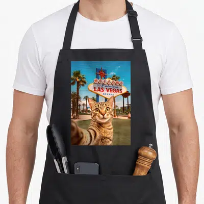 Las funny cat apron - Tabby cat selfie pose in front of Welcome to Fabulous Las Vegas sign with palm trees — shown on a black cotton canvas apron against a white background