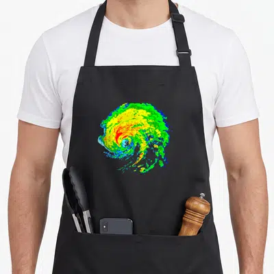 Meteorologist hurricane apron - Satellite weather map of a hurricane in green yellow red and blue pixels — shown on a black cotton canvas apron against a white background