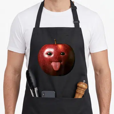 Silly meme apron - Red apple with two eyes and pink tongue sticking out on black background — shown on a black cotton canvas apron against a white background
