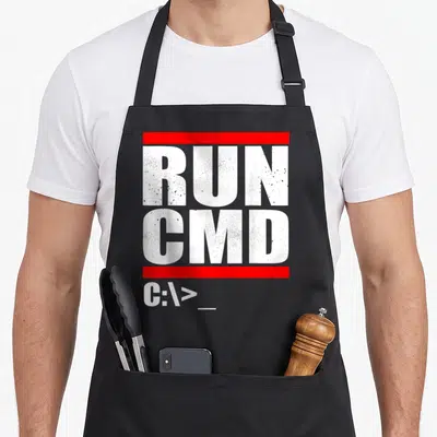 Run nerd apron - White RUN CMD text and C:\> prompt between two red horizontal bars — shown on a black cotton canvas apron against a white background