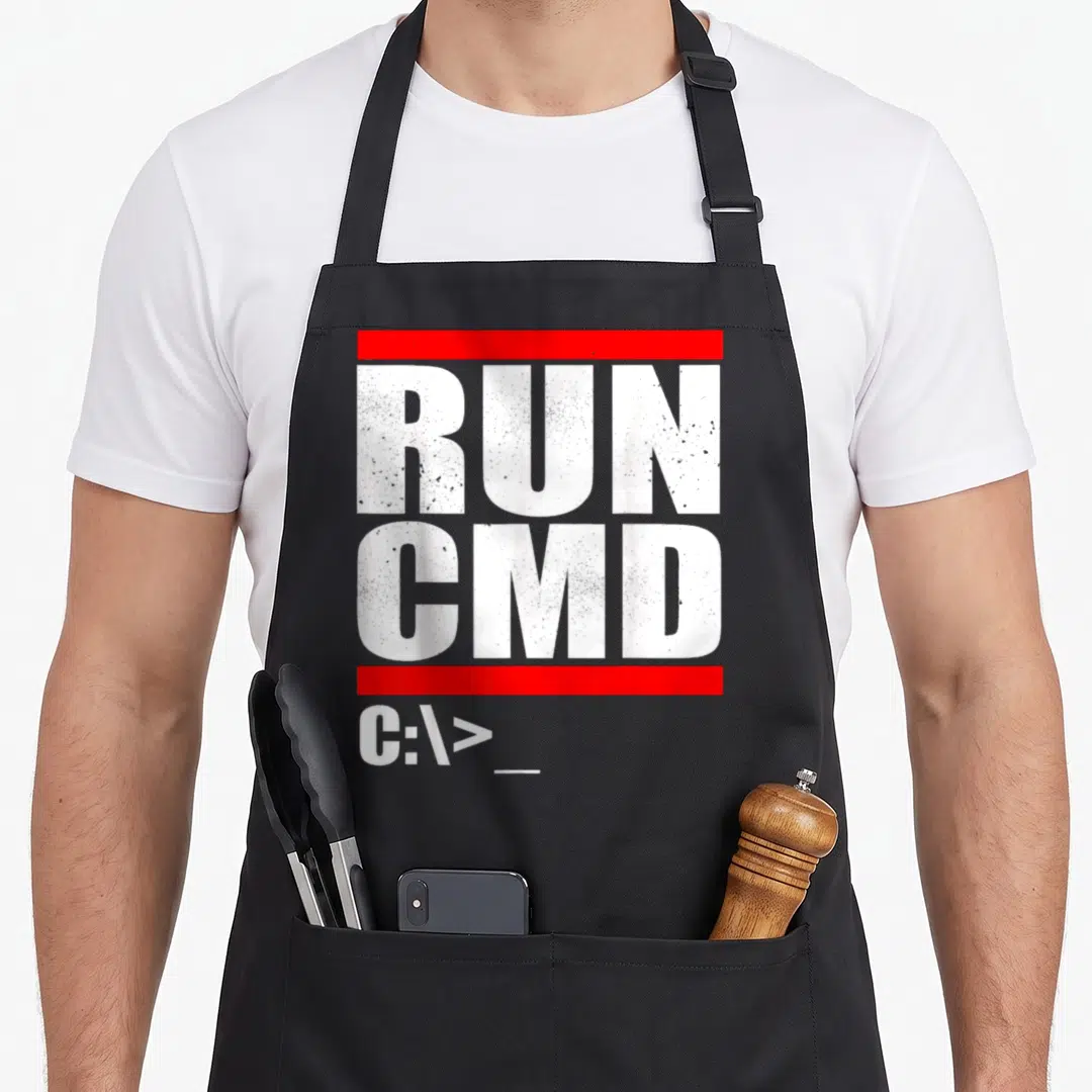 Run nerd apron - White RUN CMD text and C:\> prompt between two red horizontal bars — shown on a black cotton canvas apron against a white background