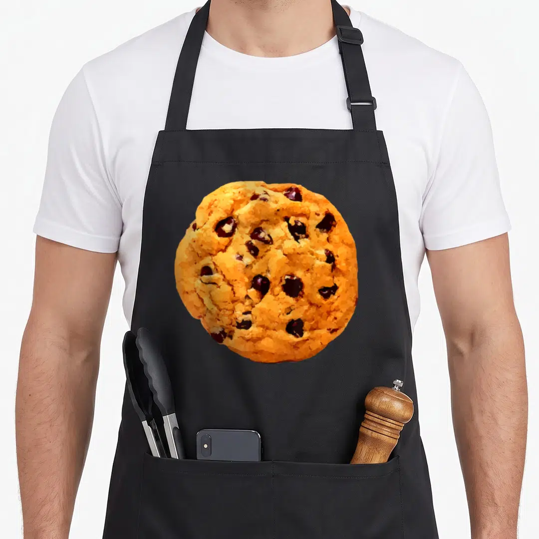 Chocolate chip cookie apron - Realistic golden brown cookie with dark brown chocolate chips — shown on a black cotton canvas apron against a white background