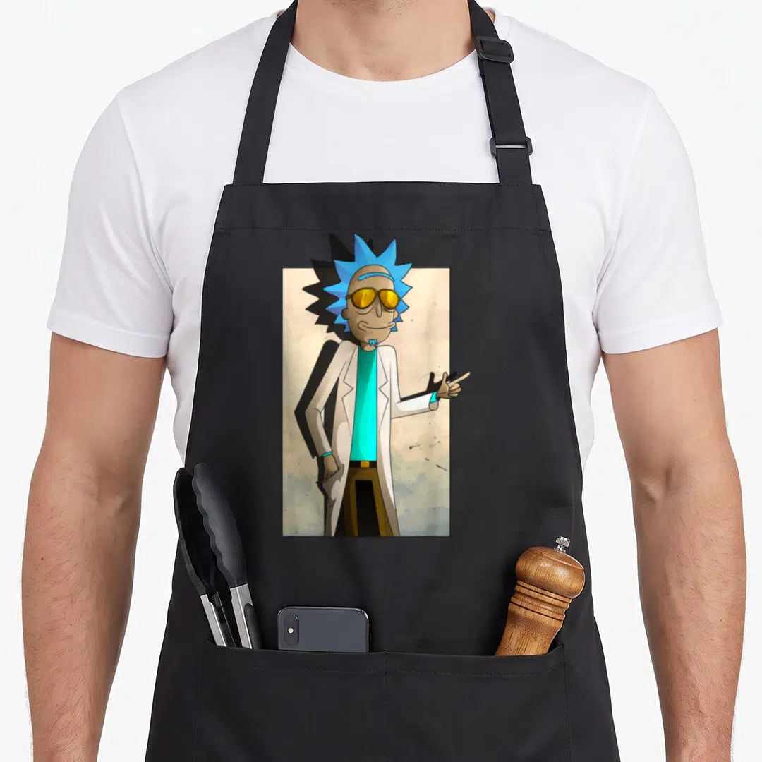 Rick x apron - Cartoon man with blue spiky hair, yellow sunglasses, white coat, and brown pants pointing right — shown on a black cotton canvas apron against a white background