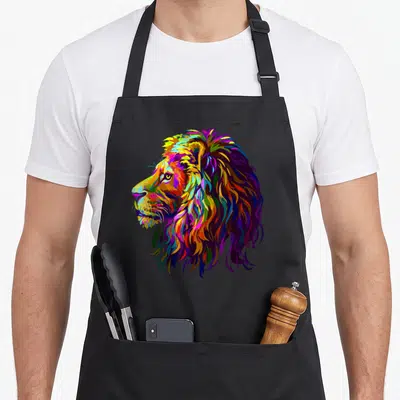 Lion colorful apron - Multicolored realistic lion head profile in purple blue yellow red green pop art — shown on a black cotton canvas apron against a white background