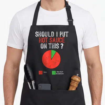 Should pie apron - Pie chart asking should i put hot sauce on this yes yes but in green — shown on a black cotton canvas apron against a white background