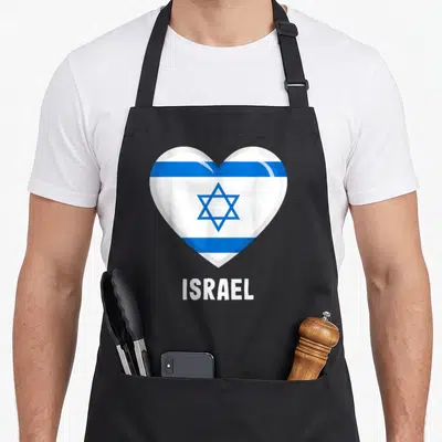 Israel israeli girl apron - Heart shaped flag in white and blue with ISRAEL text below — shown on a black cotton canvas apron against a white background