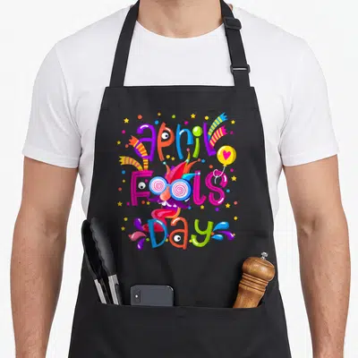 April silly apron - Cartoon jester face integrated into April Fools Days text with colorful confetti and stars — shown on a black cotton canvas apron against a white background
