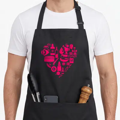 Optometry optometrist apron - Pink heart shape formed by clustered optical tool silhouettes on black fabric — shown on a black cotton canvas apron against a white background