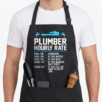 Rate plumber apron - Blue wrench dripping faucets white text hourly rate list black apron — shown on a black cotton canvas apron against a white background