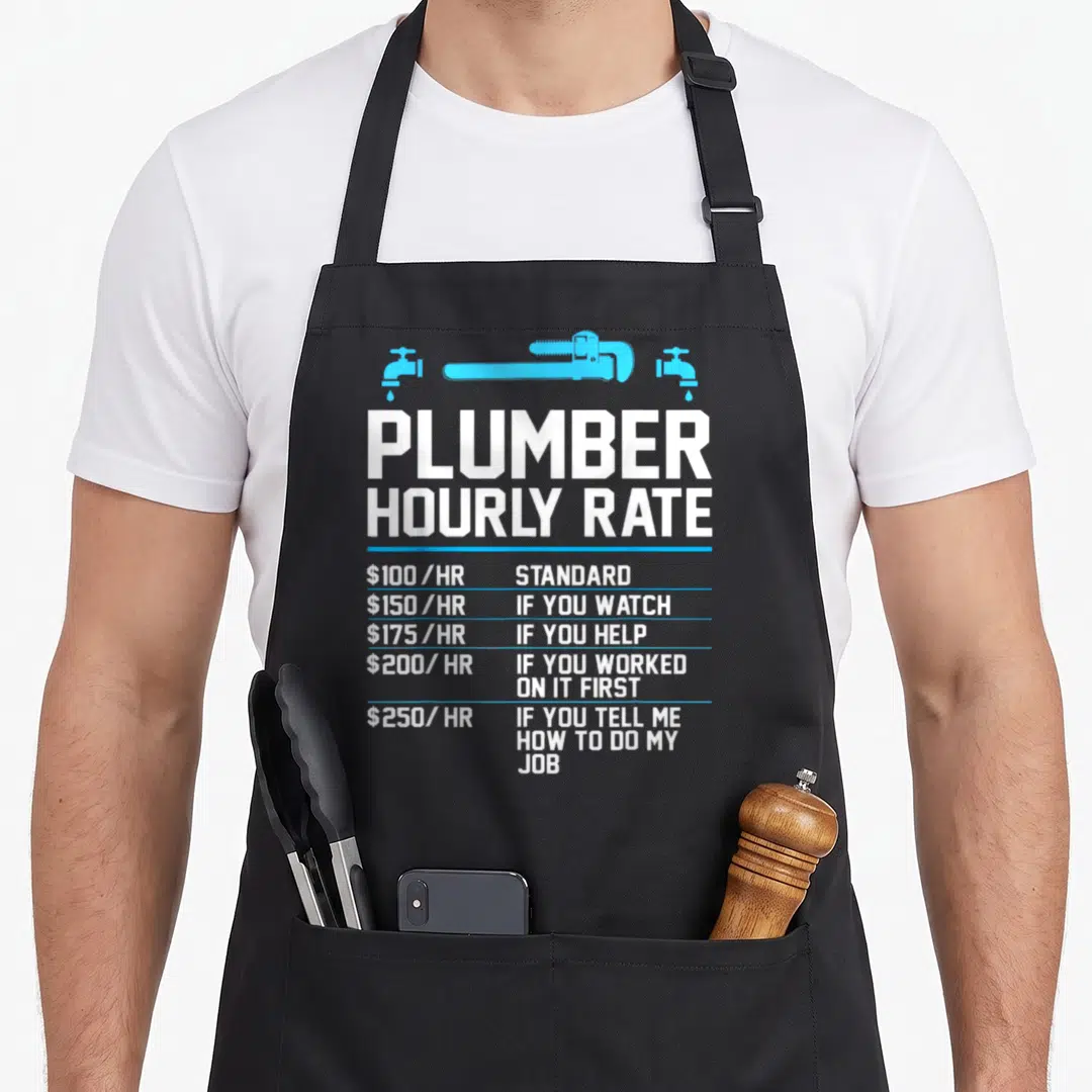 Rate plumber apron - Blue wrench dripping faucets white text hourly rate list black apron — shown on a black cotton canvas apron against a white background