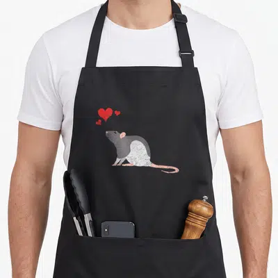 Rodent pet apron - Grey and white cartoon rat facing left with three red hearts floating above — shown on a black cotton canvas apron against a white background